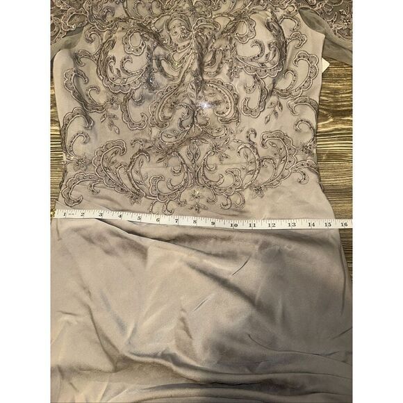 La Femme Half Sleeve Embroidered Embellished Long Jersey Ruched Mermaid Gown. 17 - Picture 9 of 14
